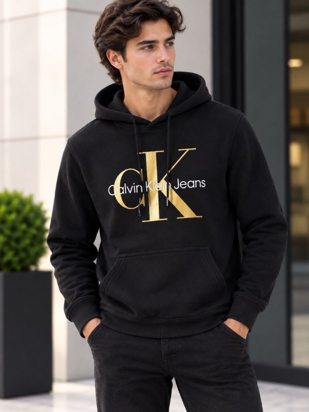 Calvin Klein Jeans Men's Black Gold CK Logo Fleece Pullover Hoodie Size M